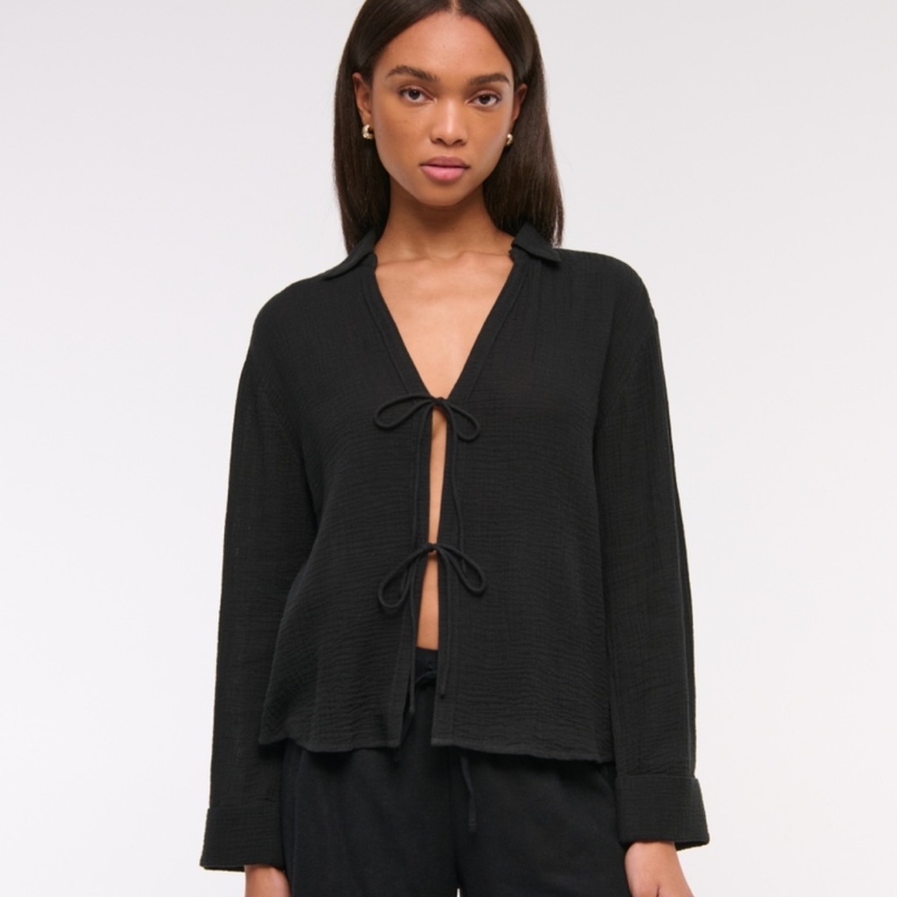 Abercrombie & Fitch Long Sleeve Tie Front Oversized Gauzy Shirt